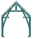 Teal timber frame structure illustration featuring a classic A-frame design with arched supports and cross beams.
