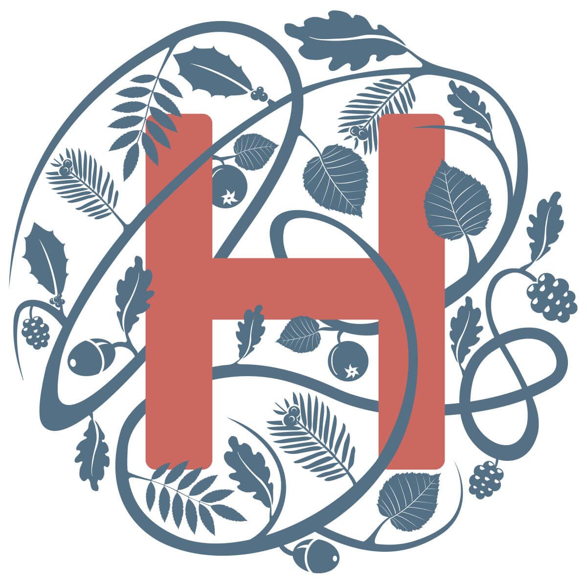 Decorative letter H logo with botanical elements including holly, oak leaves, acorns, and pine branches in blue and red.