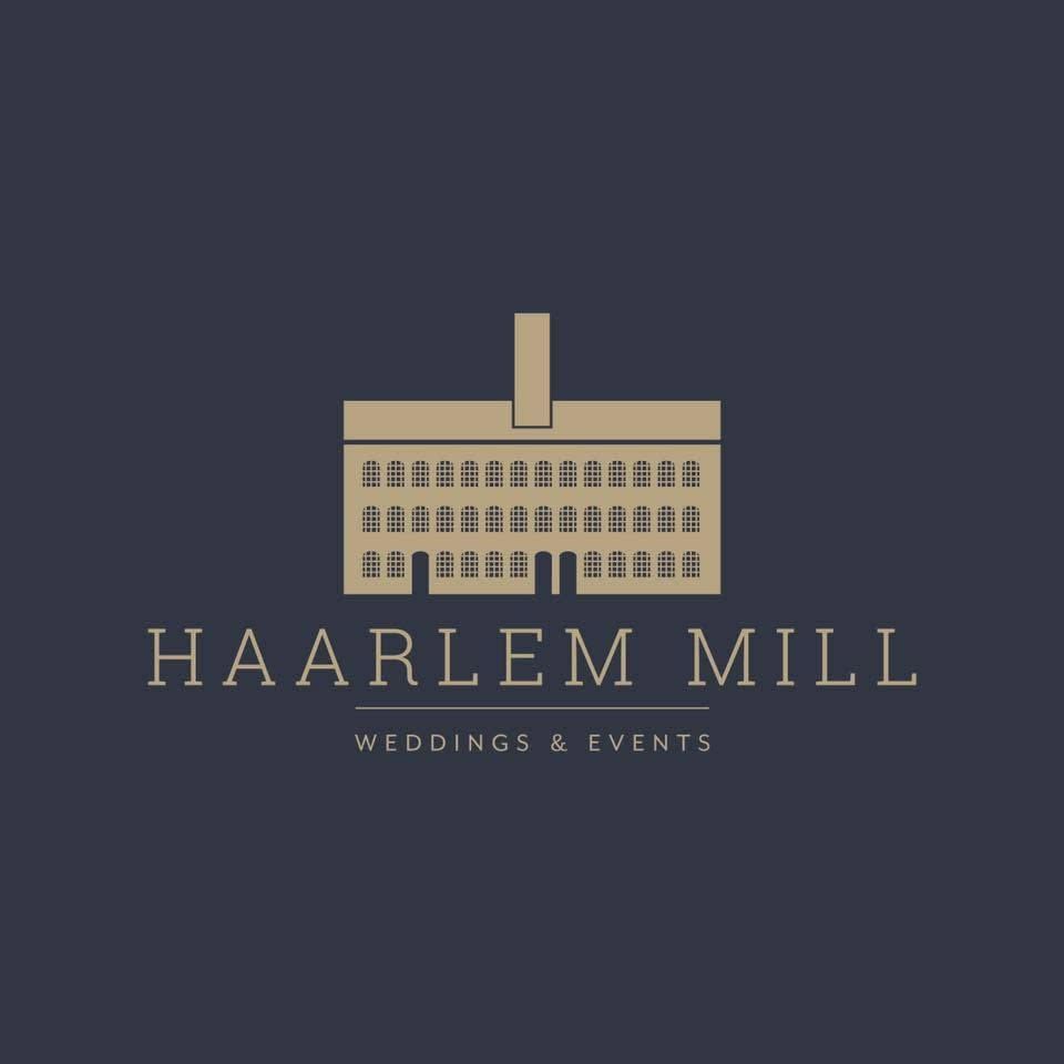 Haarlem Mill Weddings & Events logo featuring a gold historic mill building illustration on a dark navy background.