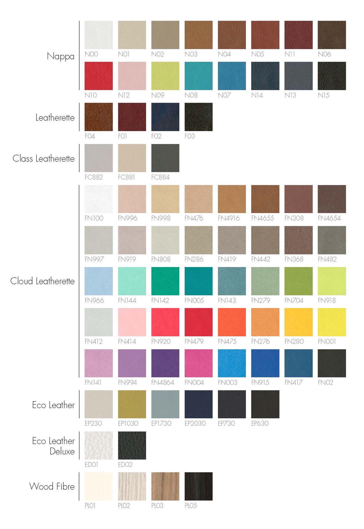 A comprehensive color swatch chart showing various shades and finishes including hoppen, leatherlite, glass leatherlite, cloud, and eco.