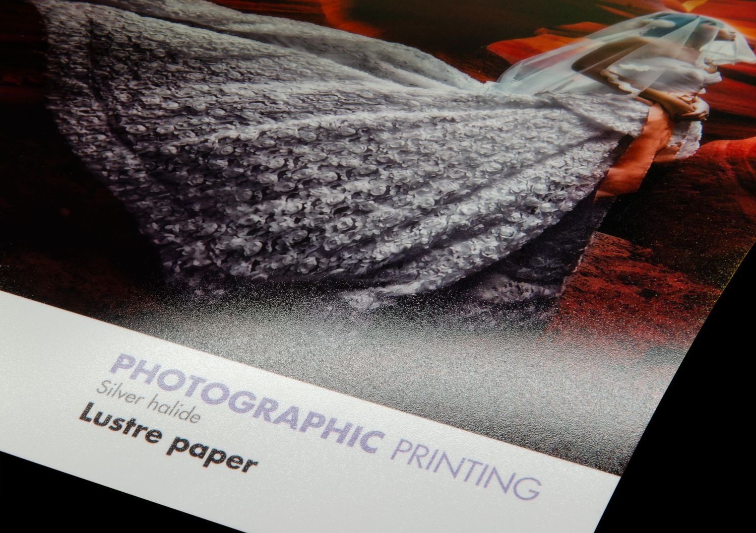 Close-up view of photography lustre paper sample showing textural surface detail and print quality.