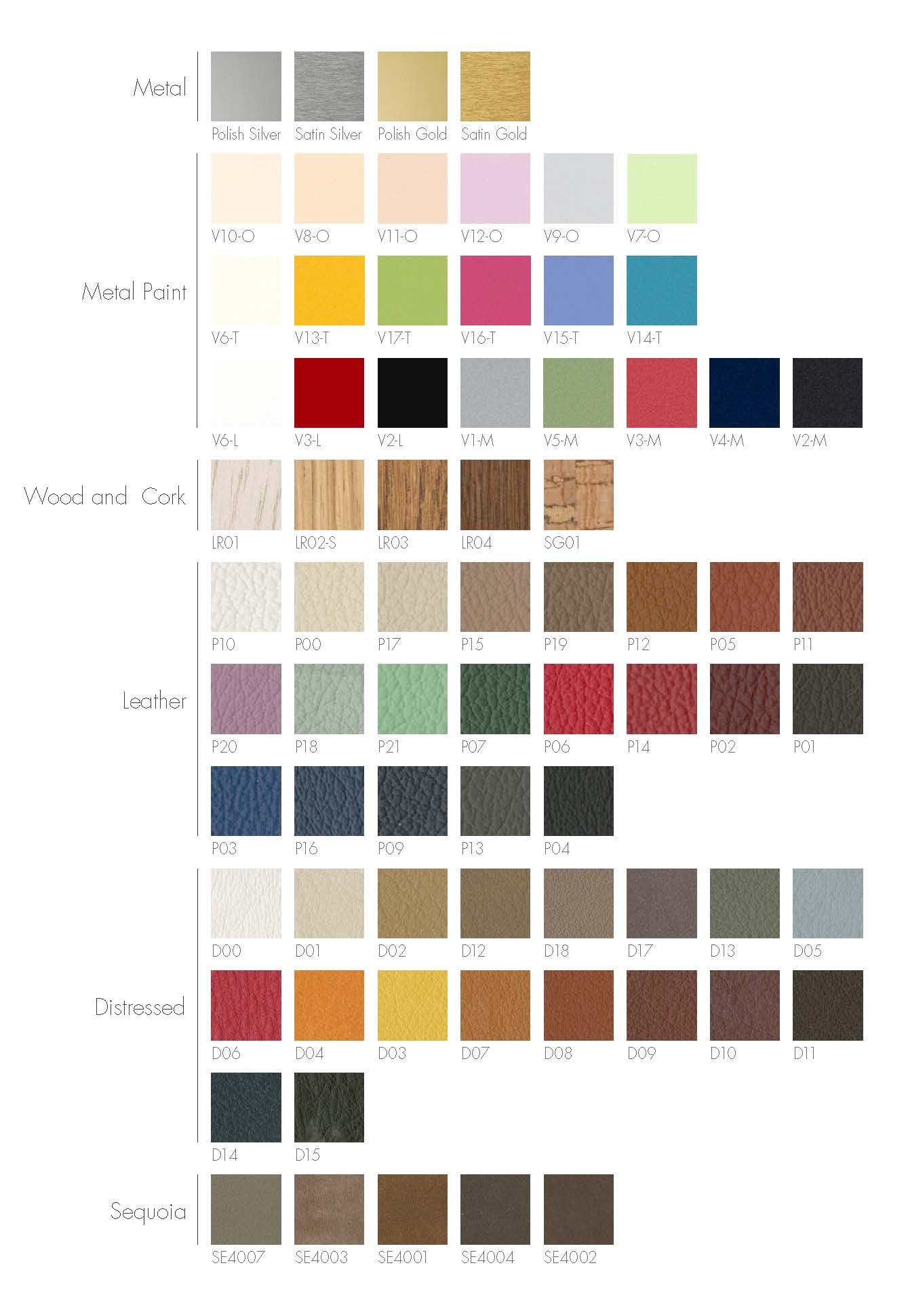 A color palette chart showing various fabric swatches organized by type including metal, wood, leather and others in muted tones.