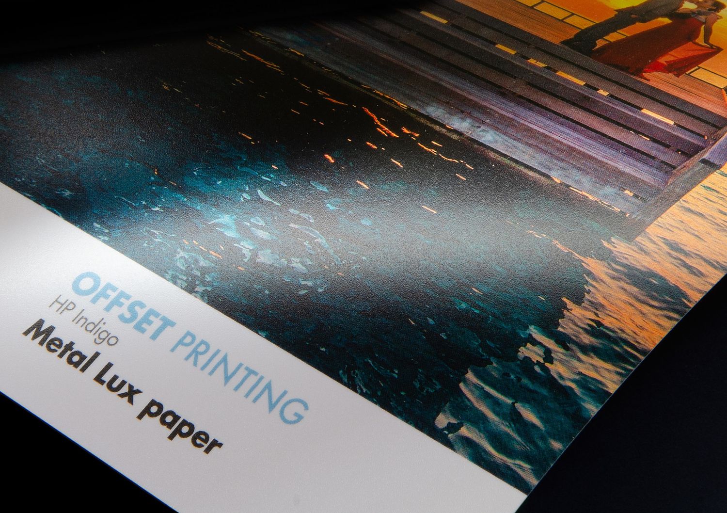 Closeup of offset printing sample on Metal Lux paper showing rich colors and textural detail.