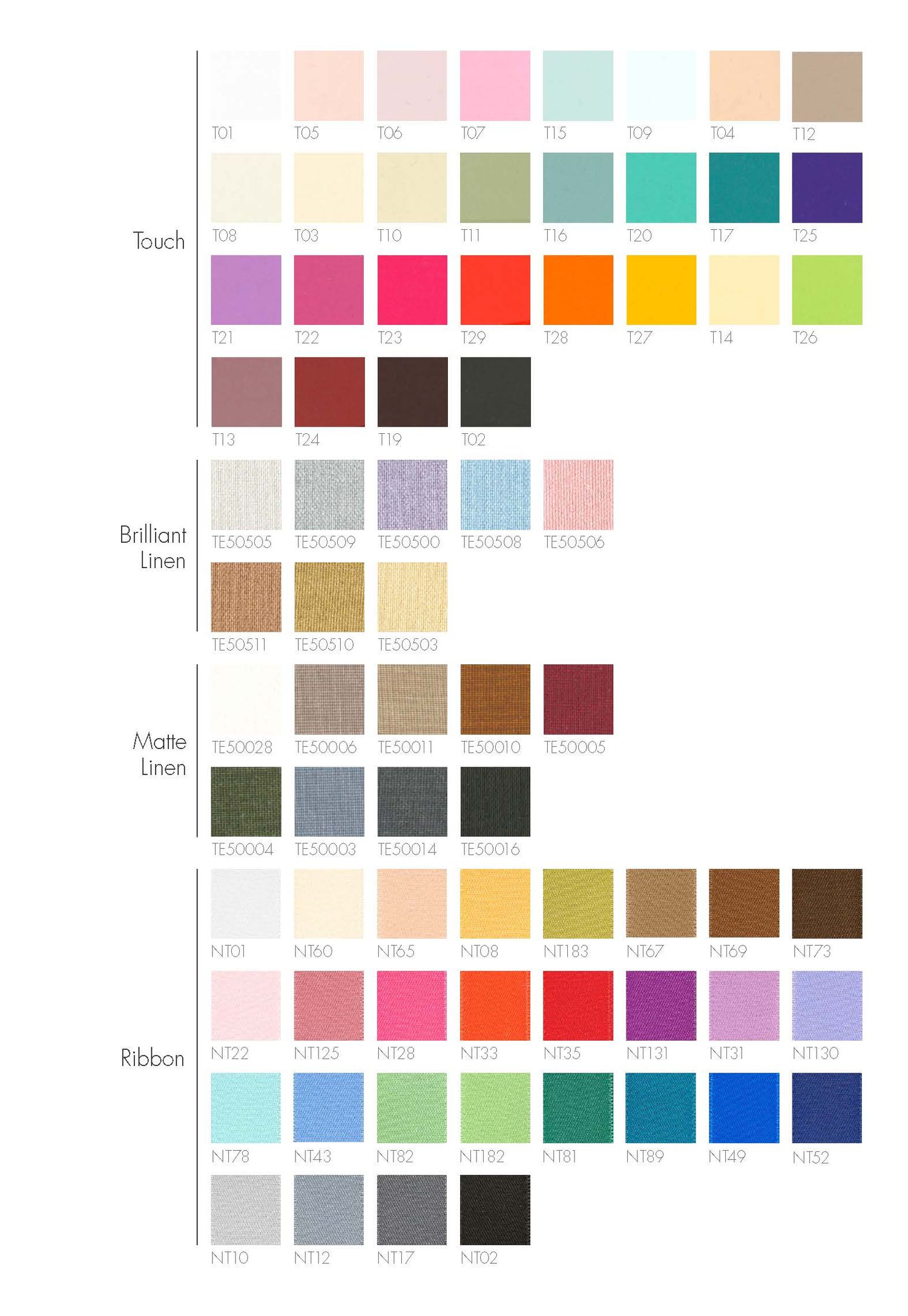 A color swatch chart displaying various fabric shades including pastels, bold colors, and neutrals arranged in organized rows.