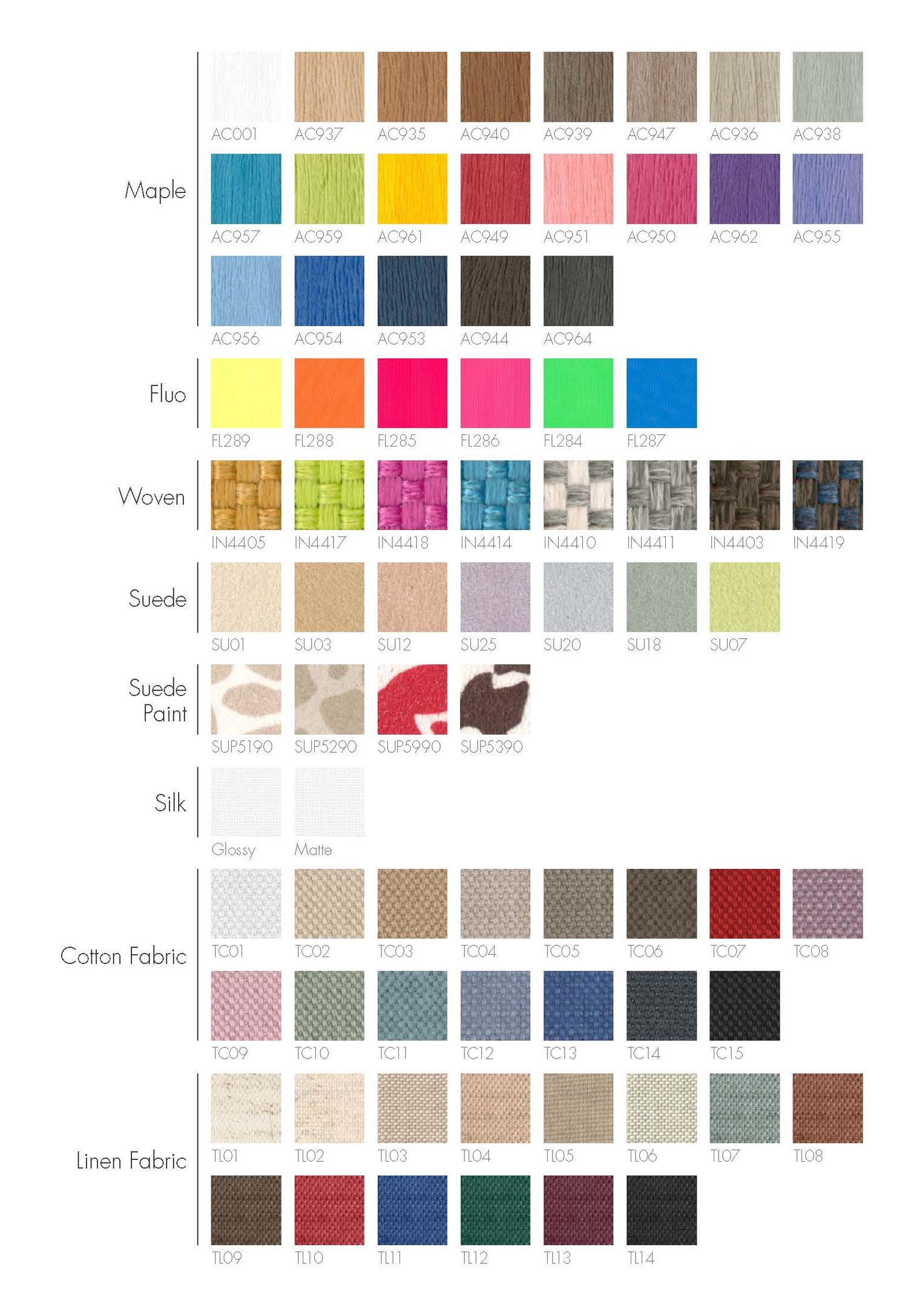 Fabric and material color swatch palette showing various shades and textures including maple, flax, woven, suede, silk and cotton options.