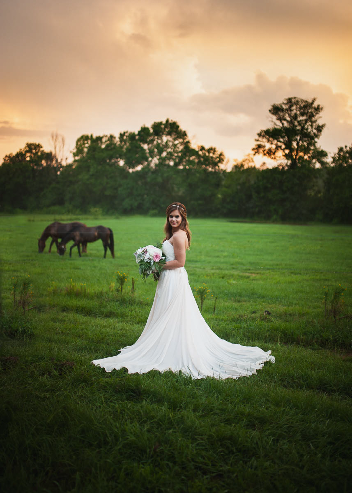 Bridal portrait with horse in summer in Birmingham wedding.