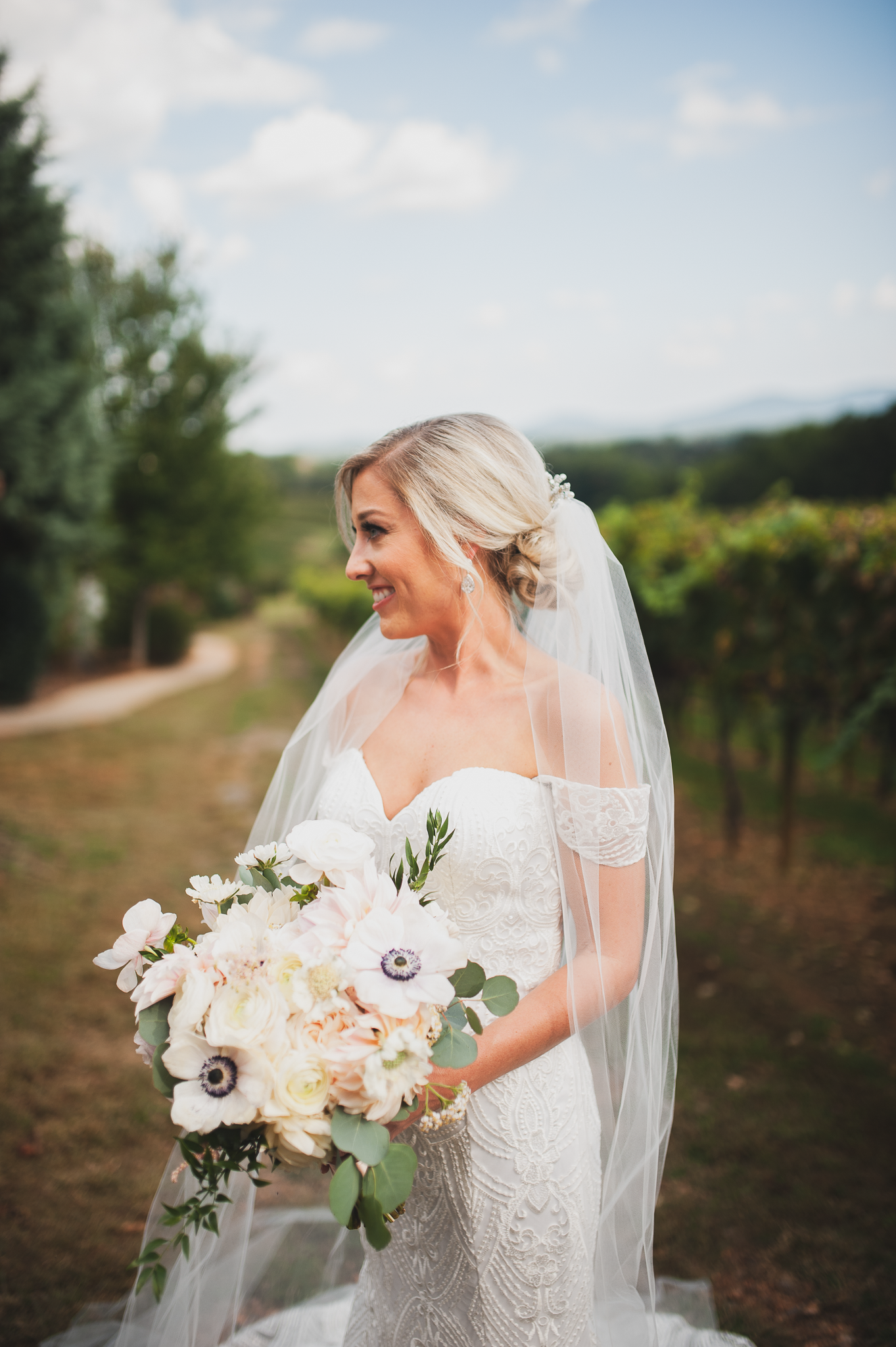 Bridal portrait in vineyard at Frogtown in Georgia wedding.