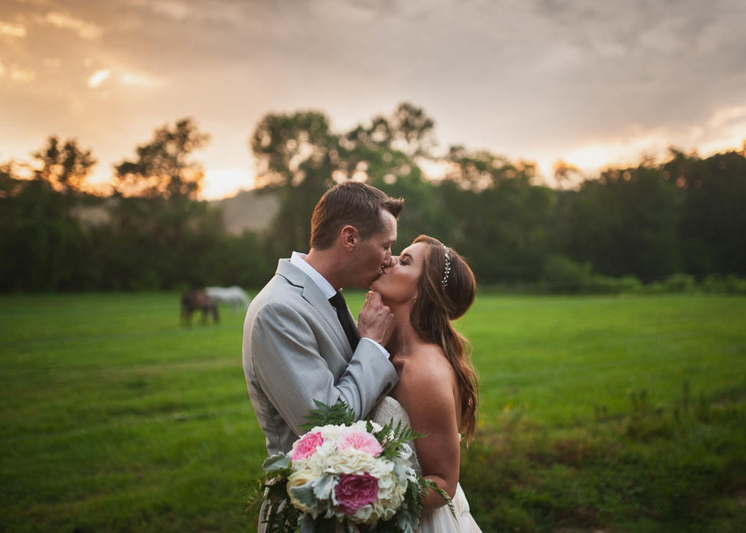 Bridal formals with horses in summertime in Birmingham, Alabama.