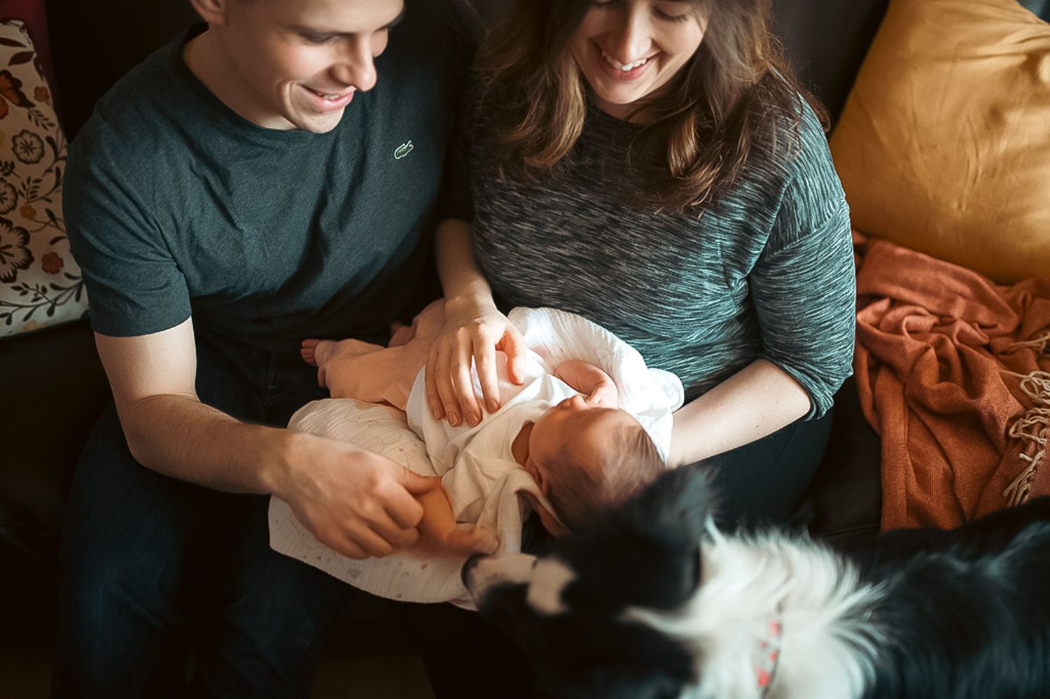 At home newborn session with family dog in Acworth, GA.