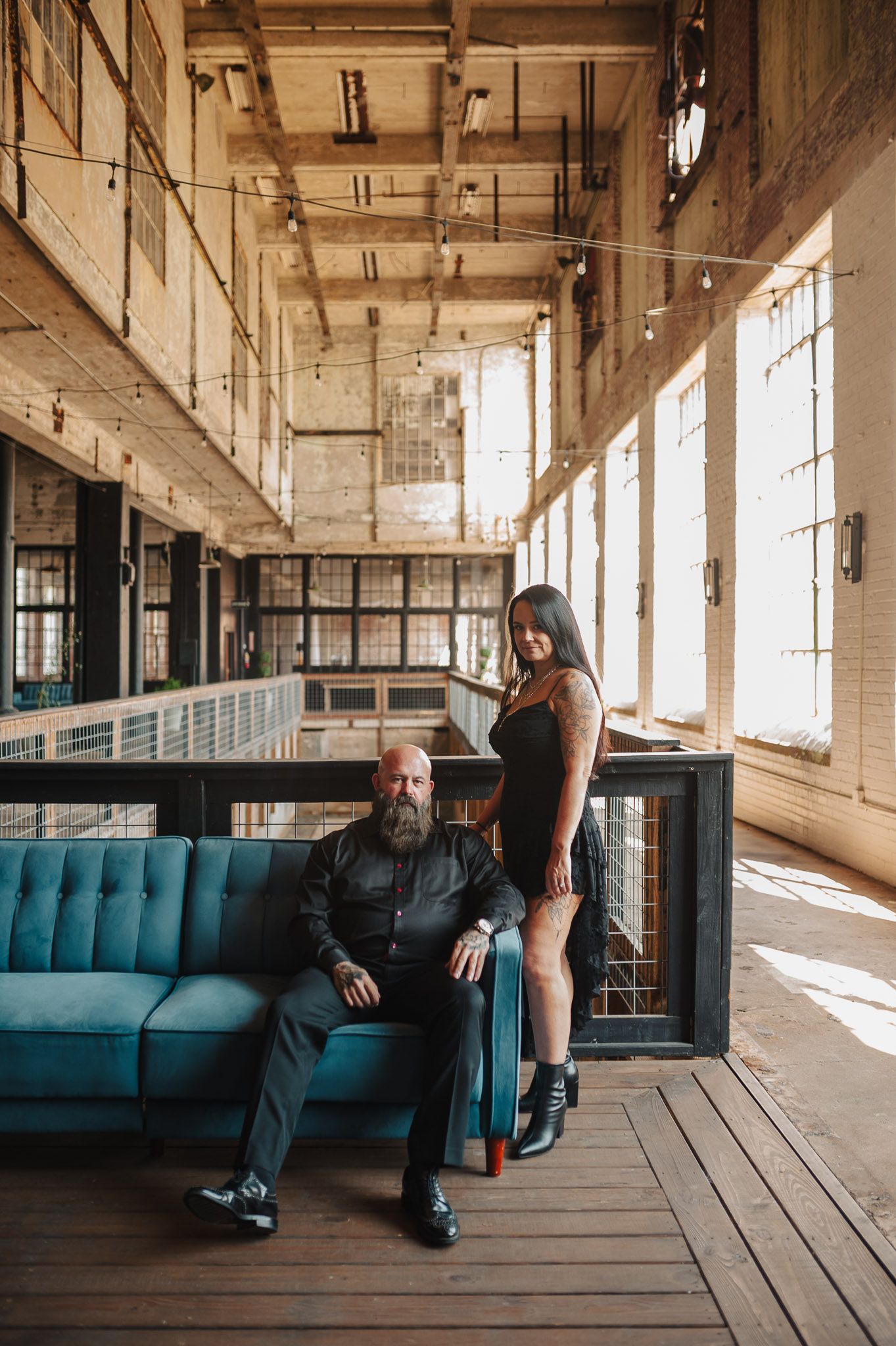 Moody engagement session in edgy industrial setting at the Lindale Mill in Lindale, Georgia outside of Rome.