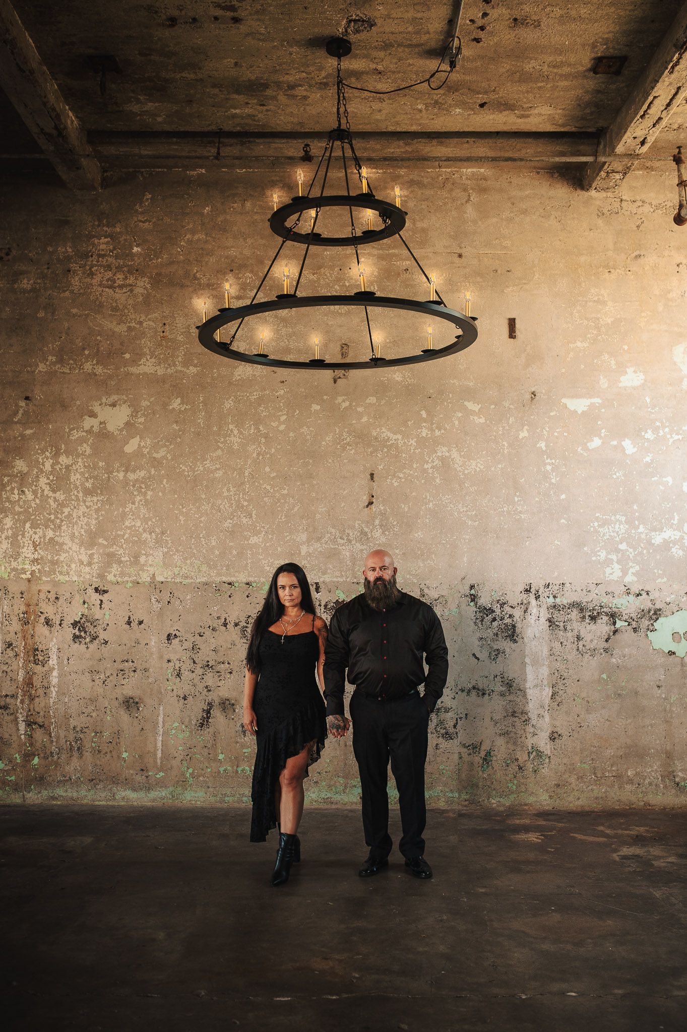 American Gothic themed shot of couple for engagement session in Lindale Mill, GA.