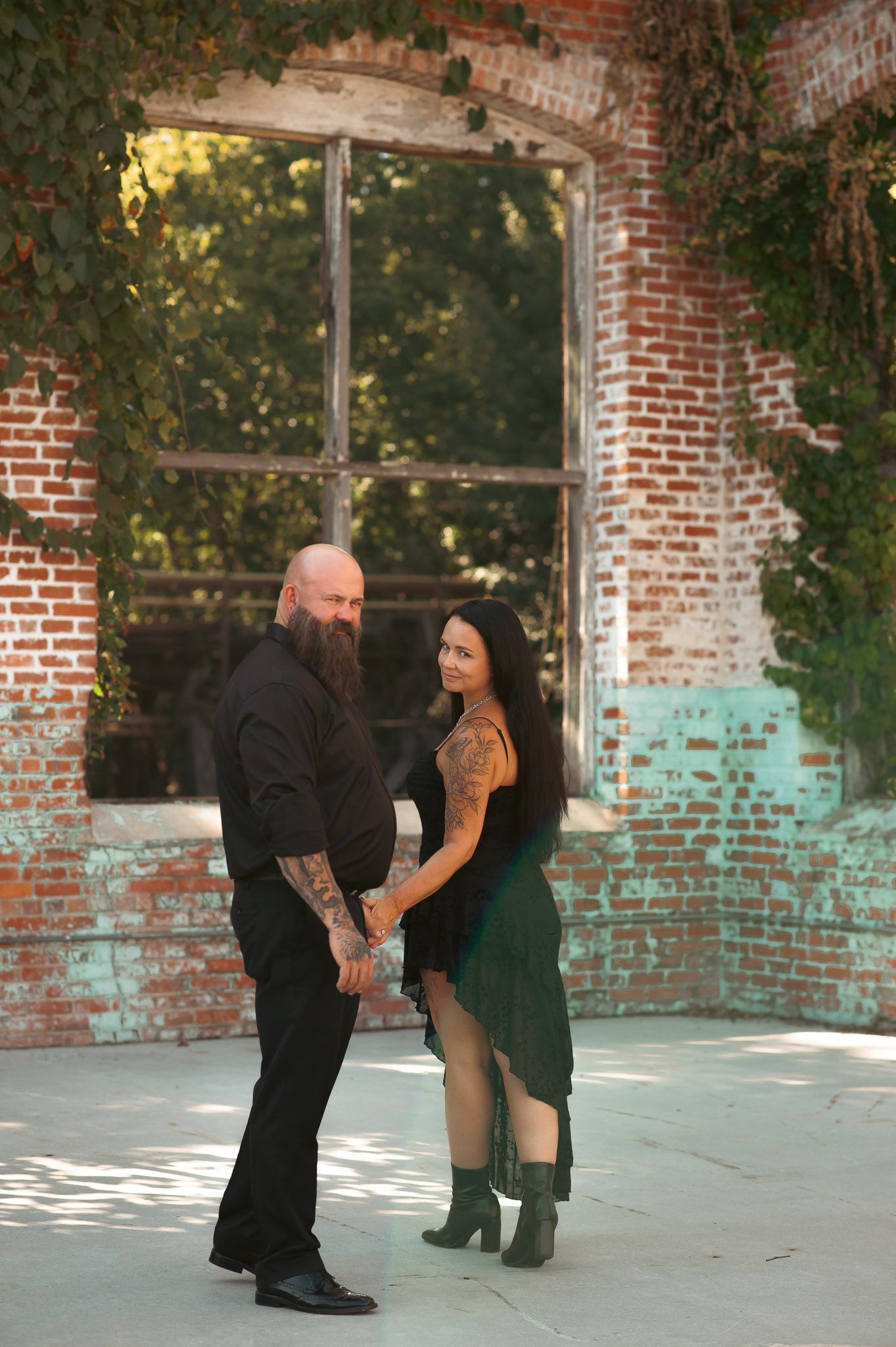 Couple's engagement session in Lindale Mill outdoor ruins in Rome, GA.