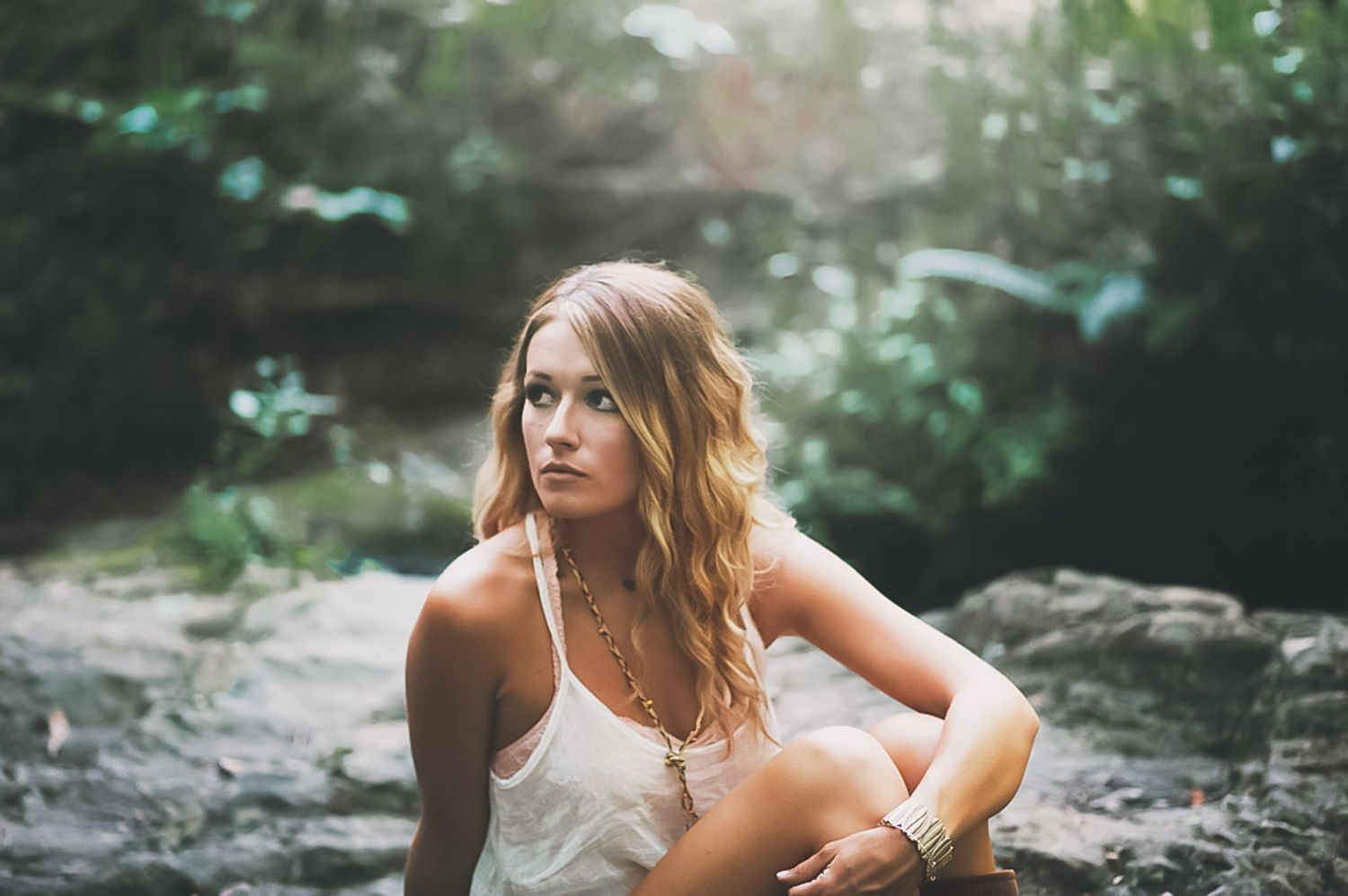 Warm hazy senior portraits at High Shoals Falls in Dallas, GA.
