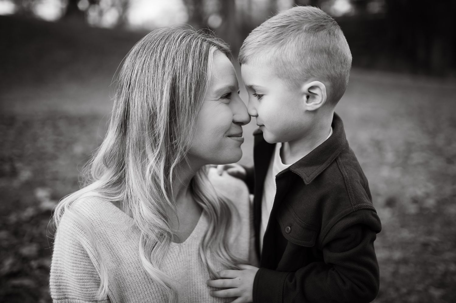 Mom and son black and white photo taken during family session for Christmas cards in Northwest Georgia.