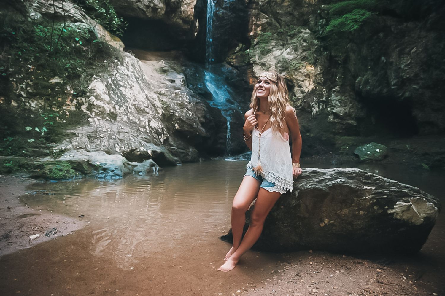 Senior portraits at waterfall in west Georgia.