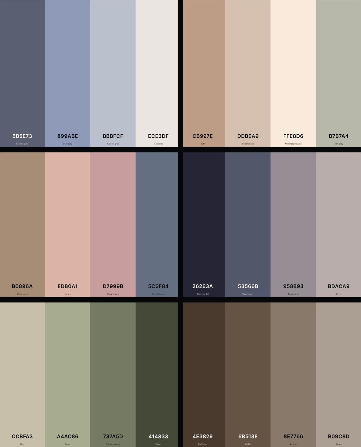 Professional color palette featuring neutral earth tones and muted blues arranged in organized swatches.