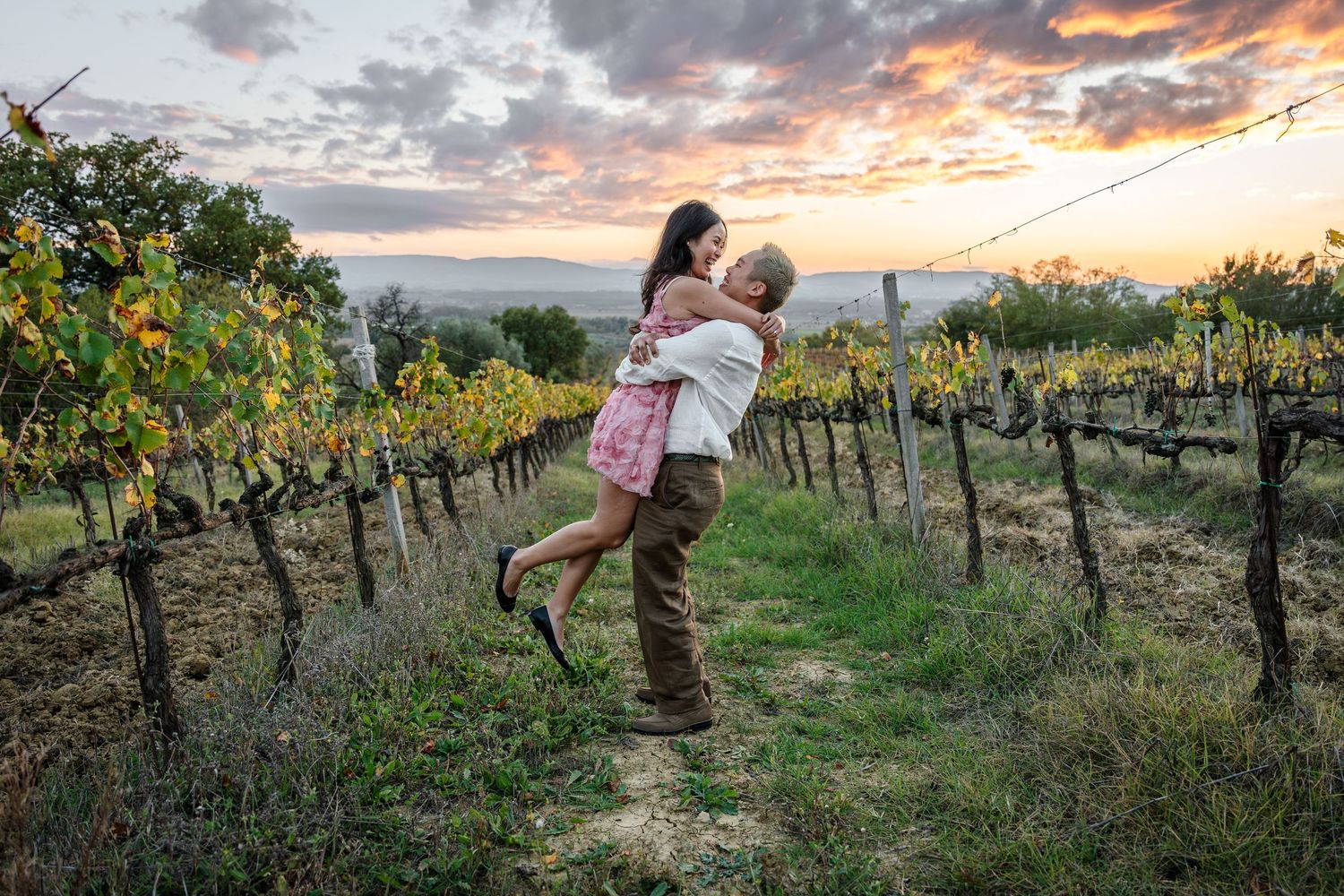 A romantic couple embraces in a scenic vineyard at sunset with rows of grapevines stretching into the distance.