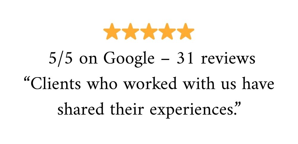 A 5-star Google review rating display showing 31 reviews and a quote about clients sharing their experiences.