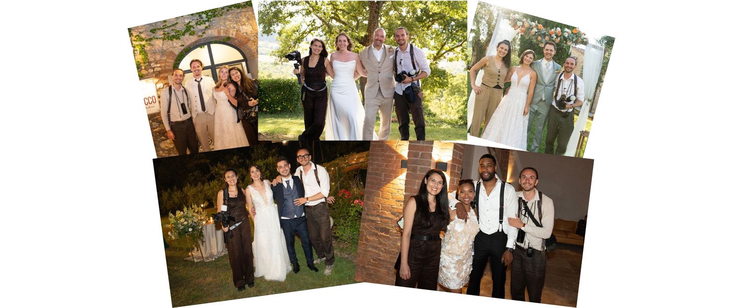 Wedding party guests posing together in formal attire at an outdoor garden ceremony celebration.
