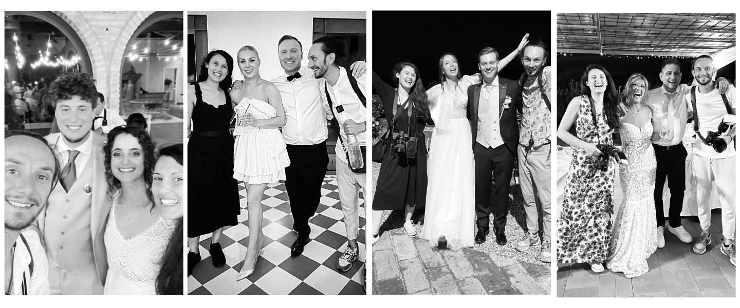 A collection of vintage black and white photographs arranged in a horizontal strip showing various group gatherings.