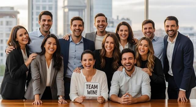 Diverse business team smiling together in office, one member holding a Team Win sign, celebrating success.