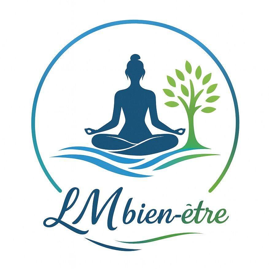 Blue silhouettes of people meditating with nature elements in circular wellness and spa logo designs.