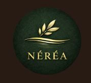 Elegant gold Nerea logo and branding design elements on dark green background with leaf motifs.