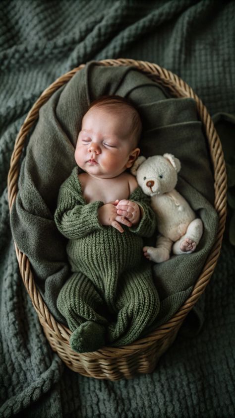 Sleeping baby in green knit outfit lies in wicker basket with white teddy bear on dark green blanket.