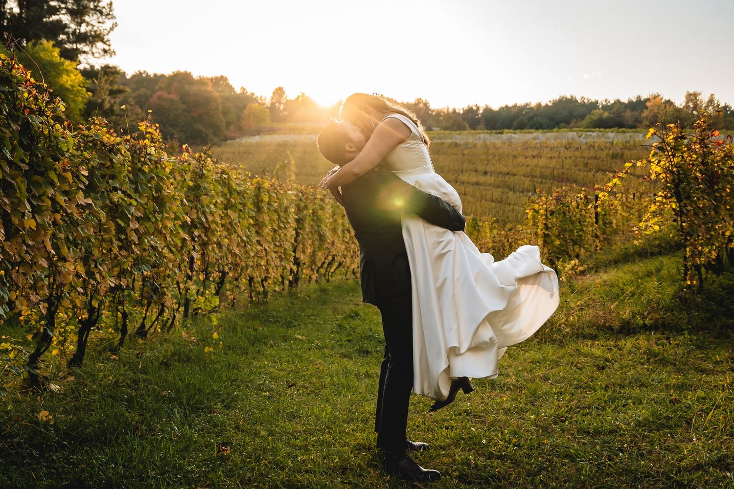Groom lifts bride in white dress at golden sunset among lush vineyard rows at an outdoor wedding.