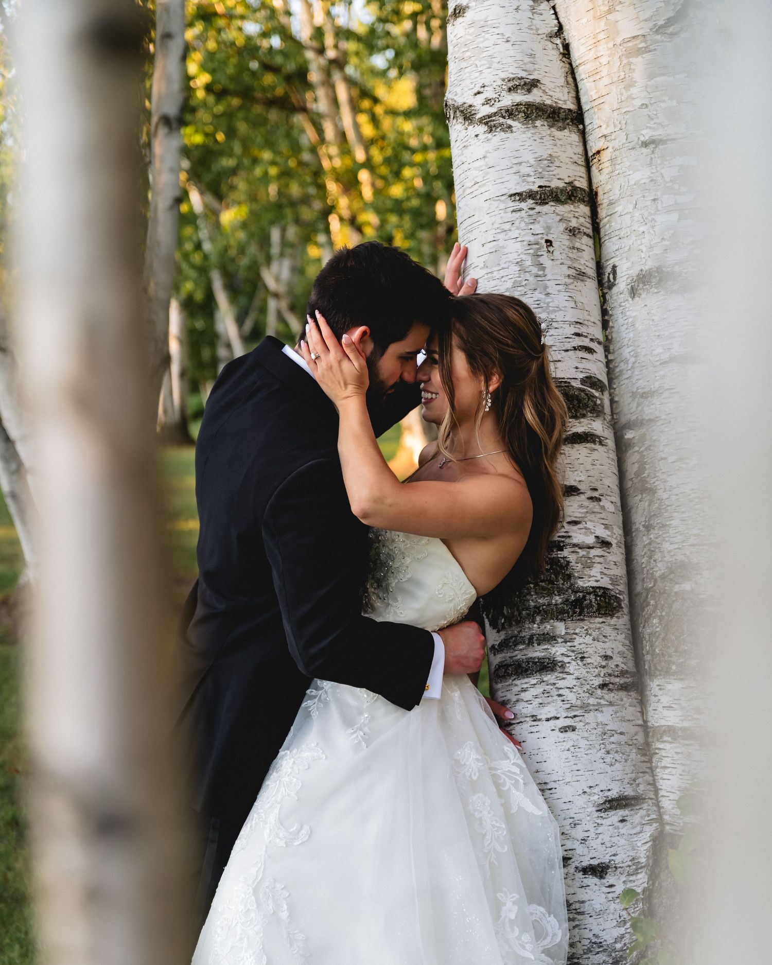 Romantic wedding couple shares intimate moments against white birch trees in a sunlit forest setting.