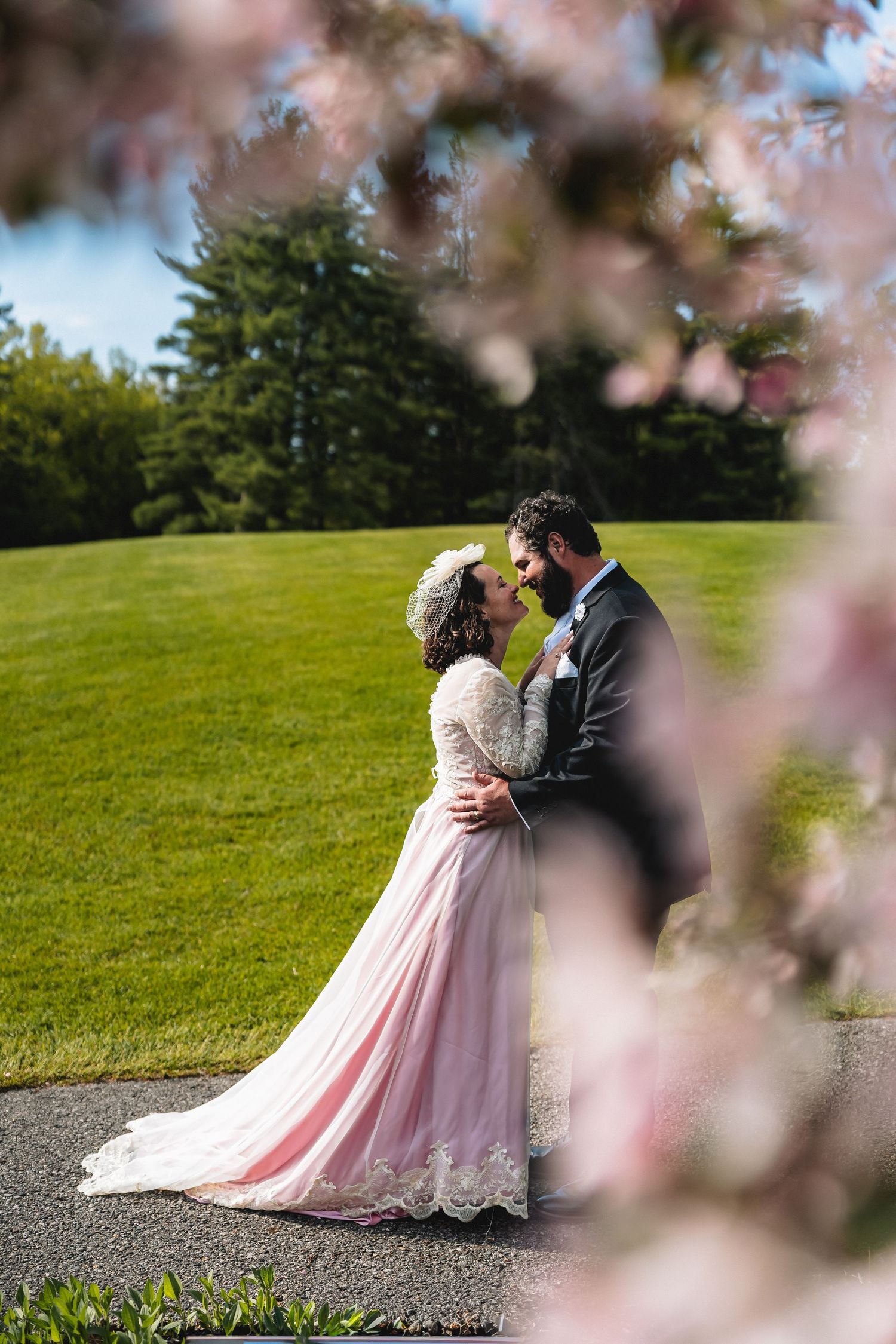 Bride in pink lace gown and groom embrace romantically framed by cherry blossoms on a sunny green lawn.