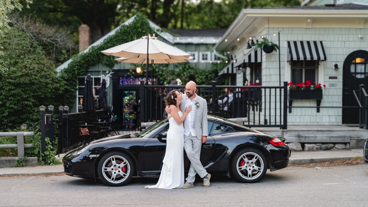 A series of wedding photos featuring a black luxury car parked outside a venue with people in formal attire.