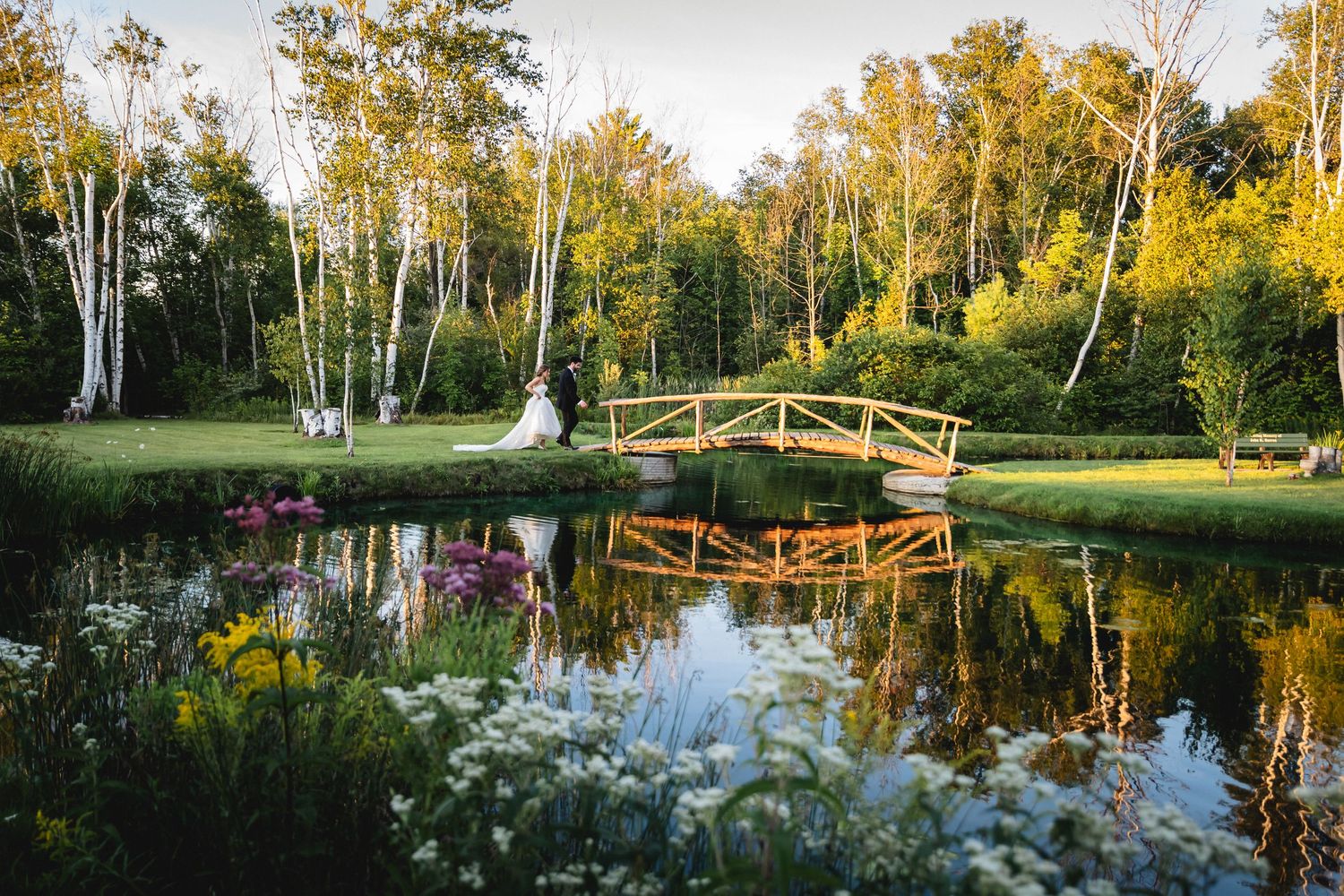 Scenic lake view with wooden bridge and autumn birch trees reflecting in calm waters at sunset.