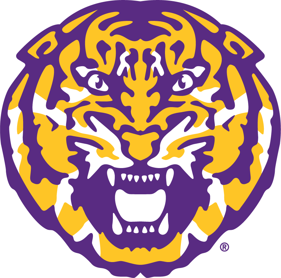 LSU Tigers purple and gold mascot logo featuring a fierce roaring tiger face for Louisiana State University athletics.