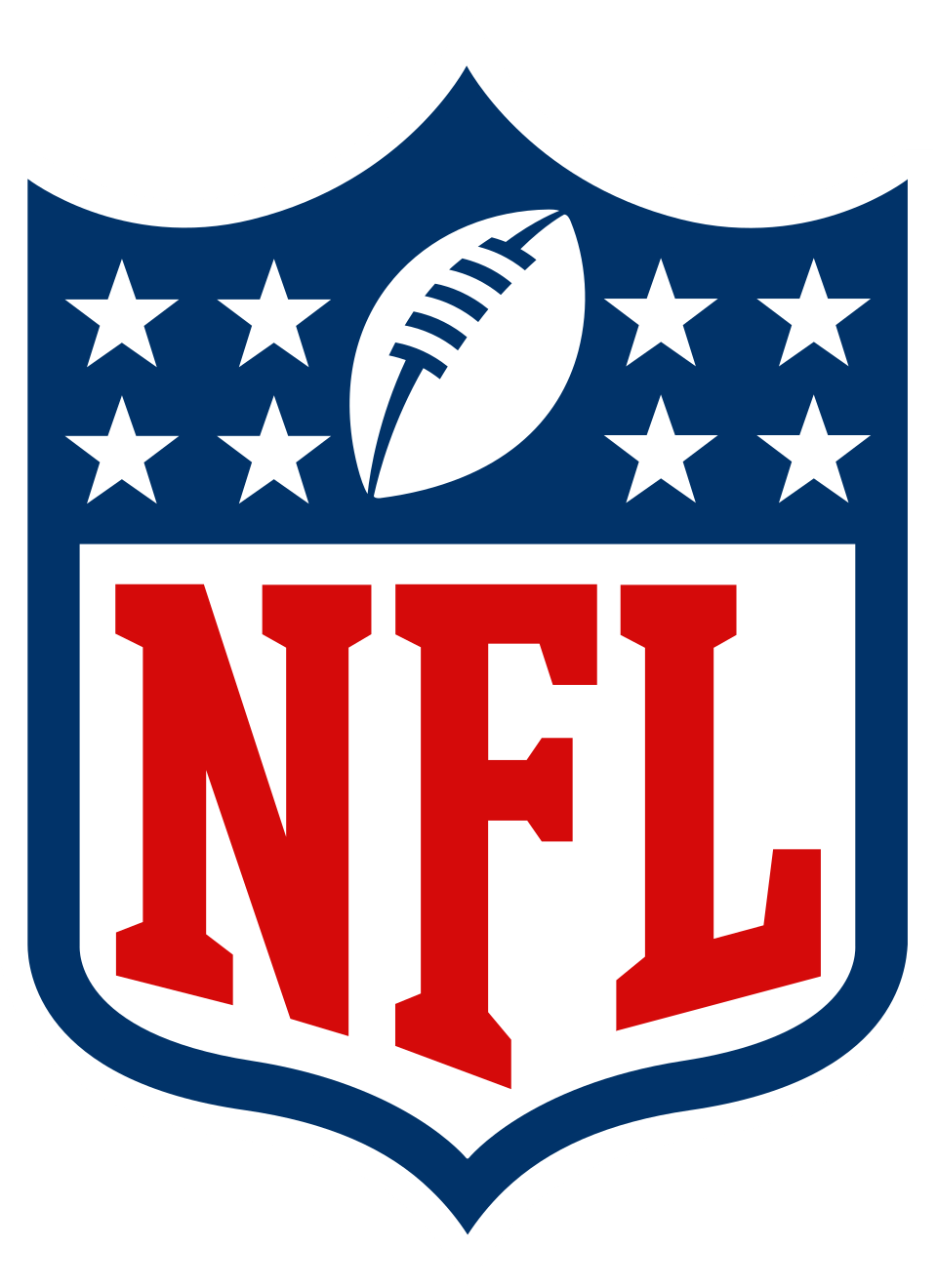 Official NFL shield logo featuring red letters, white football, and gold stars on a navy blue background.