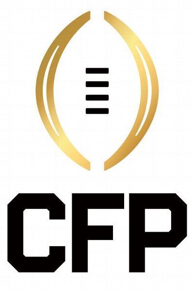 College Football Playoff CFP official logo with gold trophy design and bold black letters on white background.