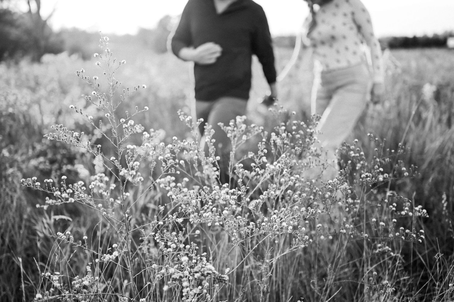 A couple walks through a serene meadow filled with wildflowers and tall grass during golden hour.