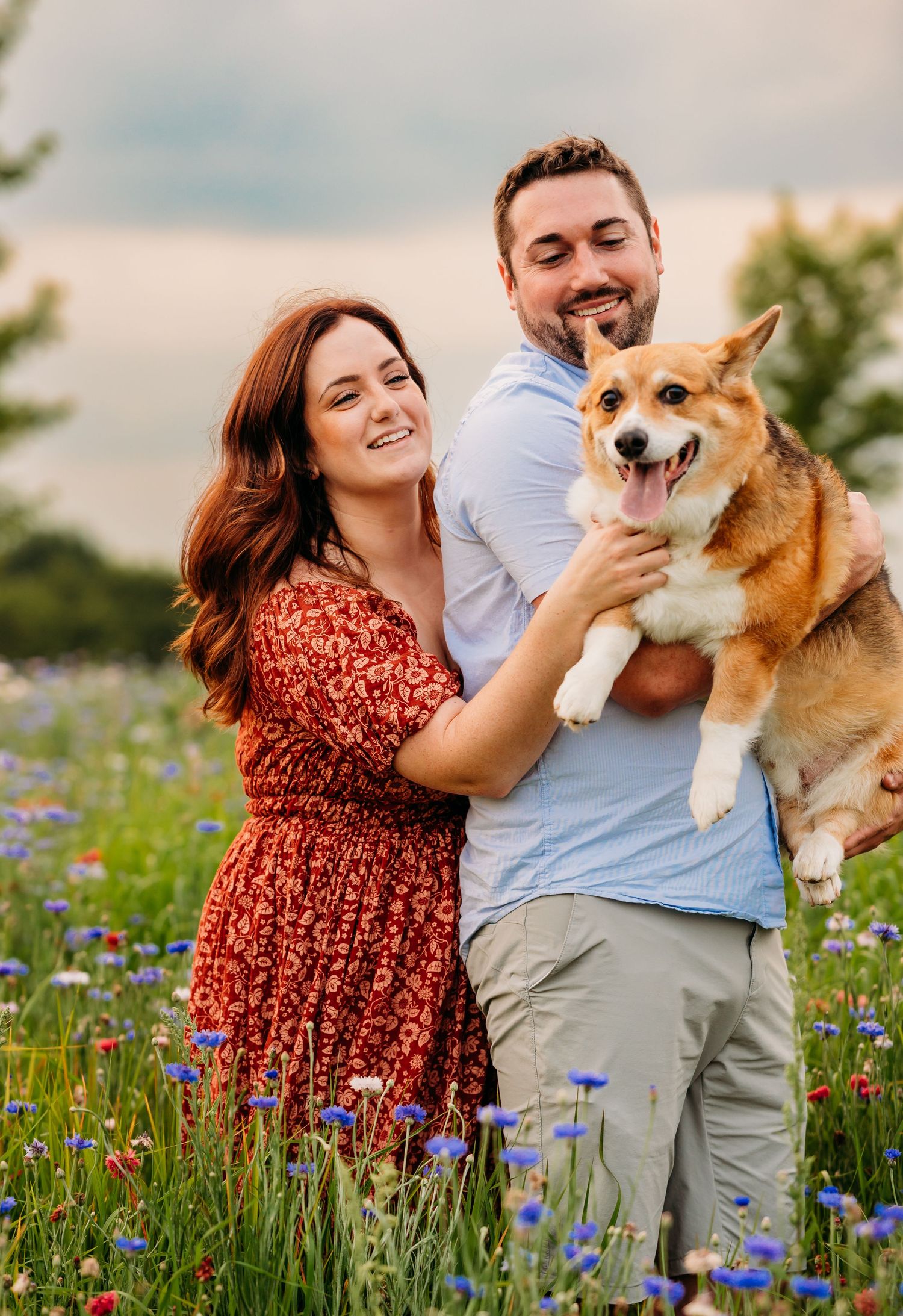 A couple and their happy Corgi dog pose together in a wildflower meadow filled with blue flowers on a sunny day.