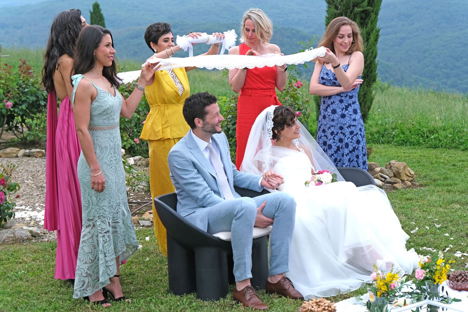 “Fun and joyful wedding photo in Italy capturing natural, playful, and loving moments of the bride and groom.”