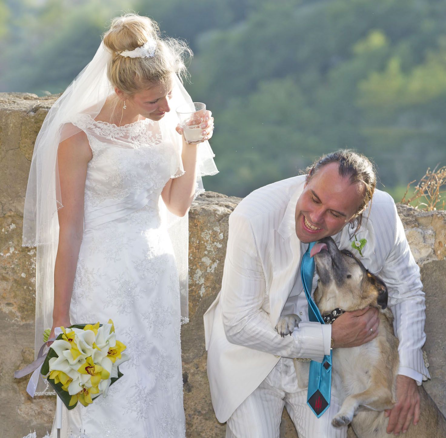 “Fun and joyful wedding photo in Italy capturing natural, playful, and loving moments of the bride and groom.”