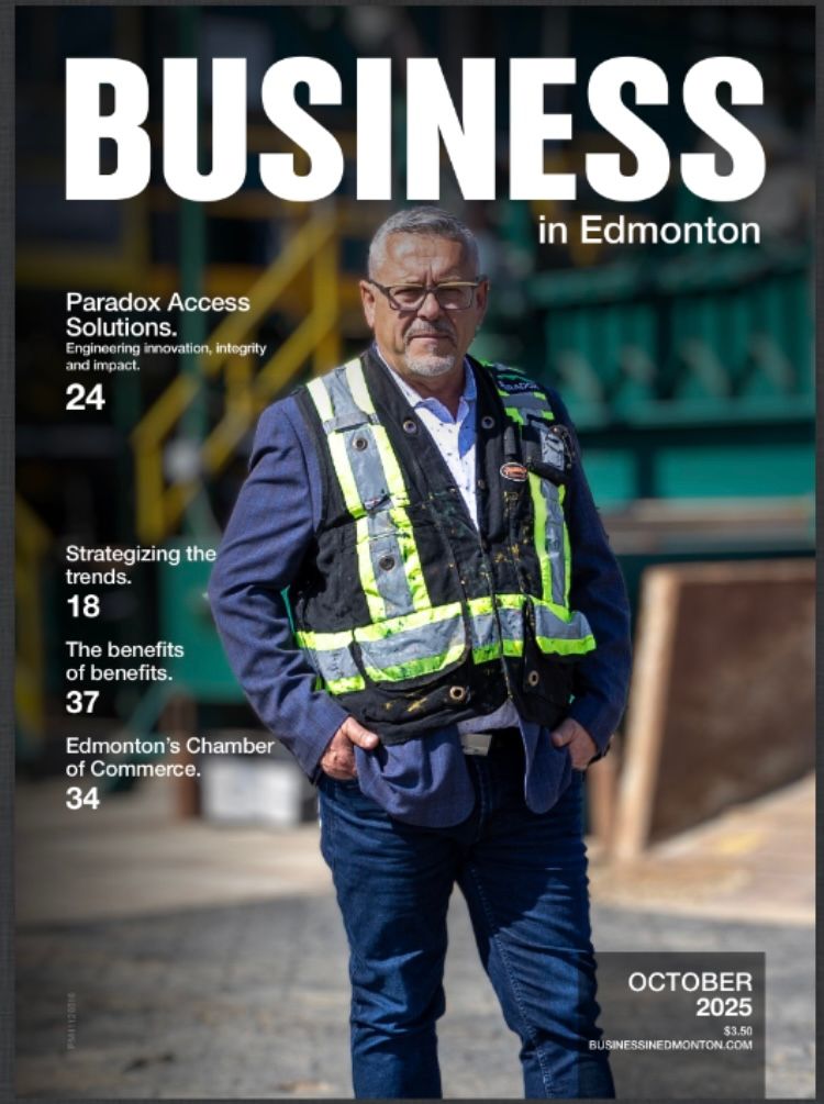 October 2025 Business in Edmonton magazine cover featuring a man in a safety vest at an industrial site.