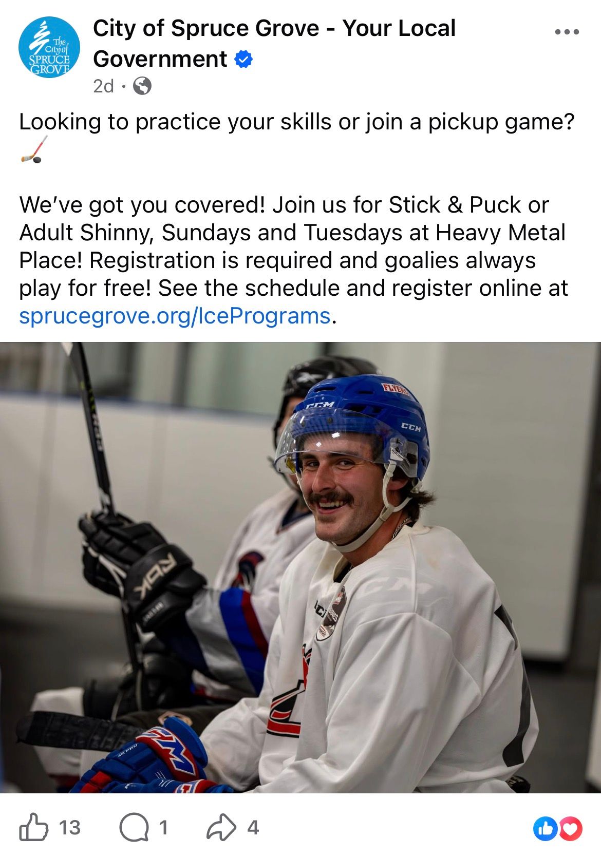 Smiling hockey player in white jersey promotes Stick and Puck and Adult Shinny ice programs at Heavy Metal Place arena.