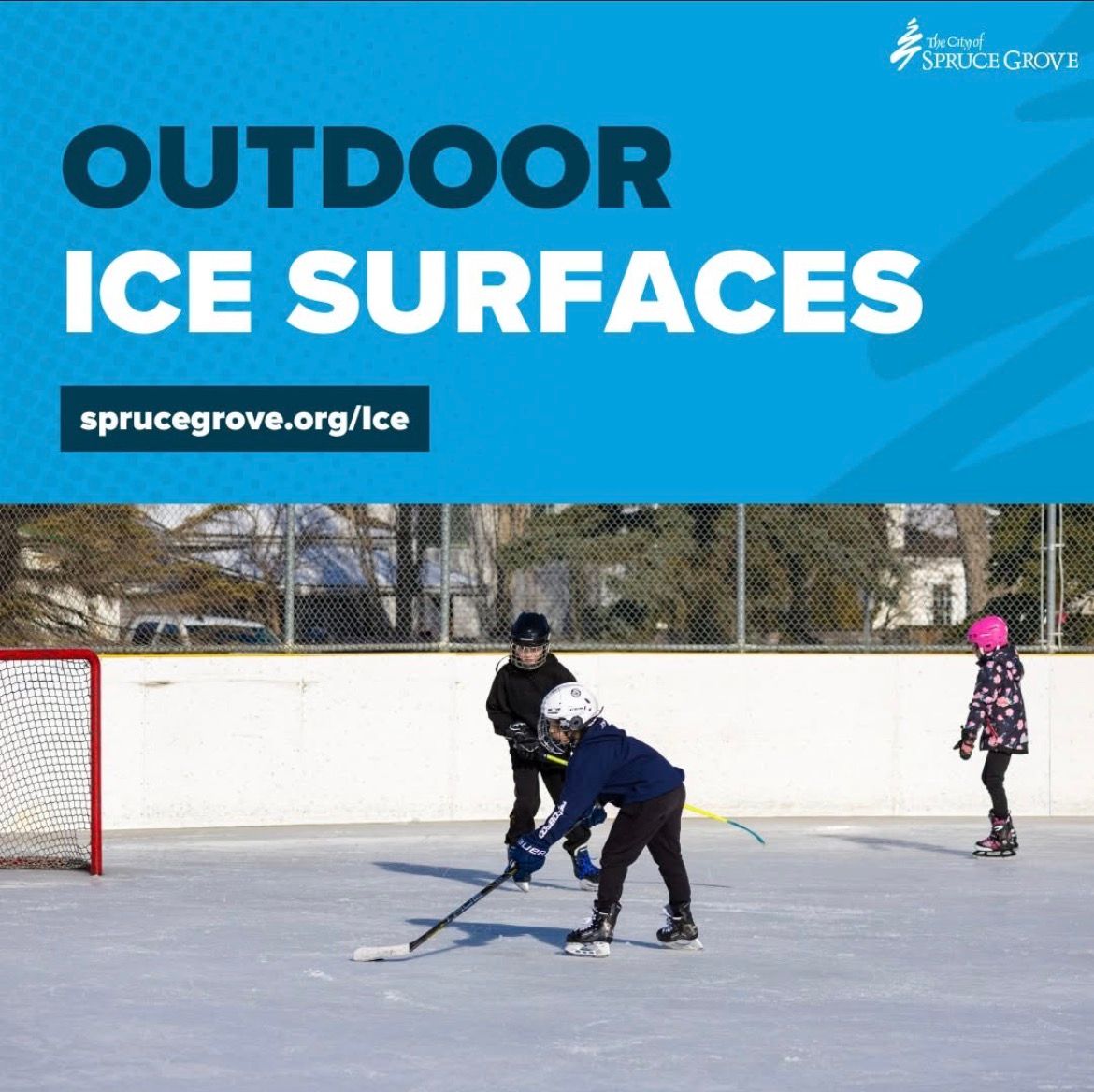 Children playing hockey on an outdoor ice surface in Spruce Grove, Alberta, with a goal net visible.