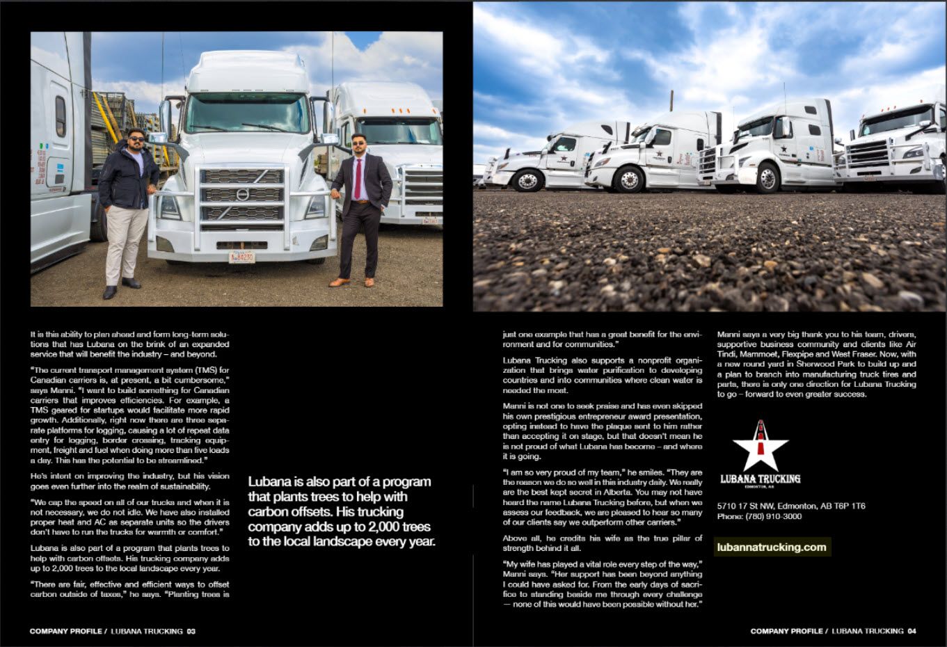 Magazine spread featuring a trucking company profile with two white semi-trucks and drivers in a parking lot.