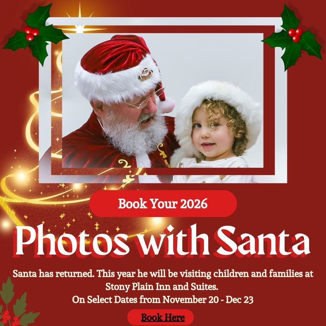Santa Claus in a red velvet hat smiles beside a curly-haired child in a white fur hat on a Photos with Santa holiday promotion.
