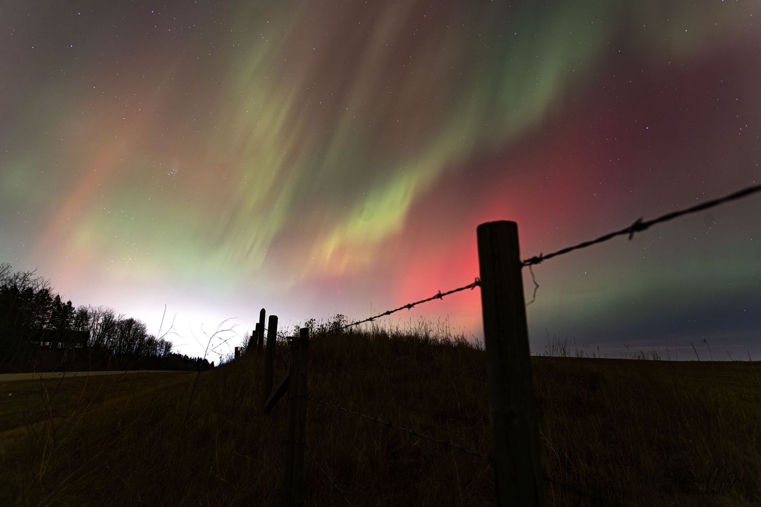 Aurora borealis illuminates the night sky in vibrant green and red hues above a barbed wire fence in a rural field.