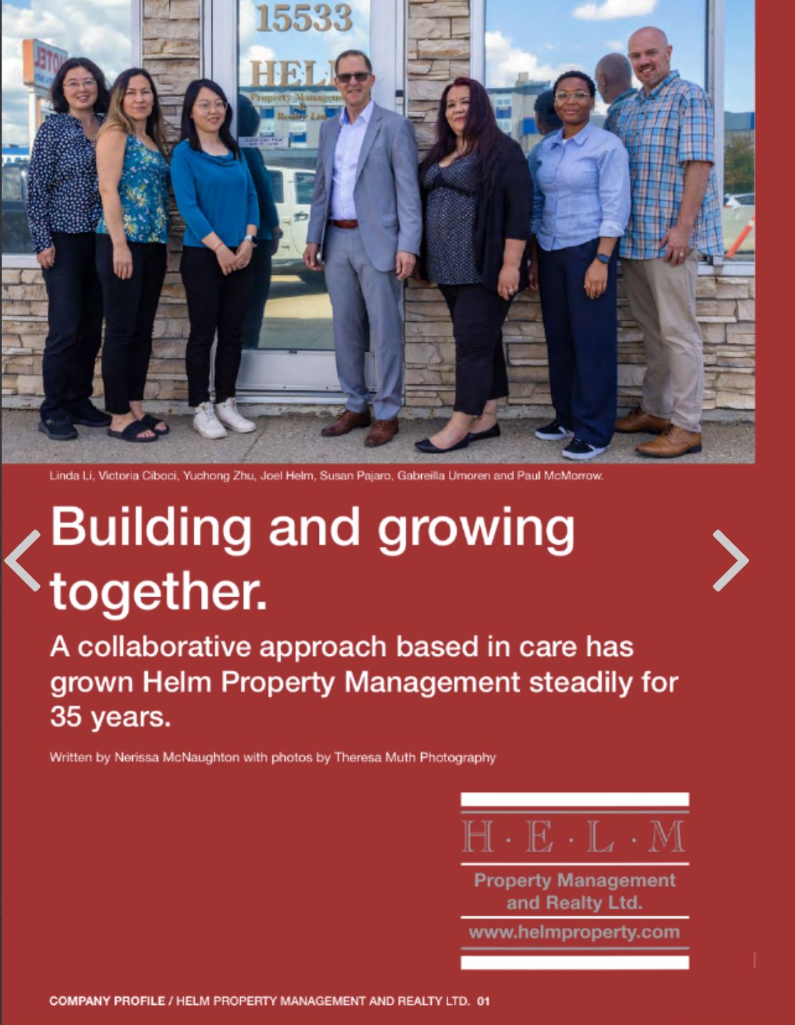 Helm Property Management team of seven professionals pose outside office building for company profile.
