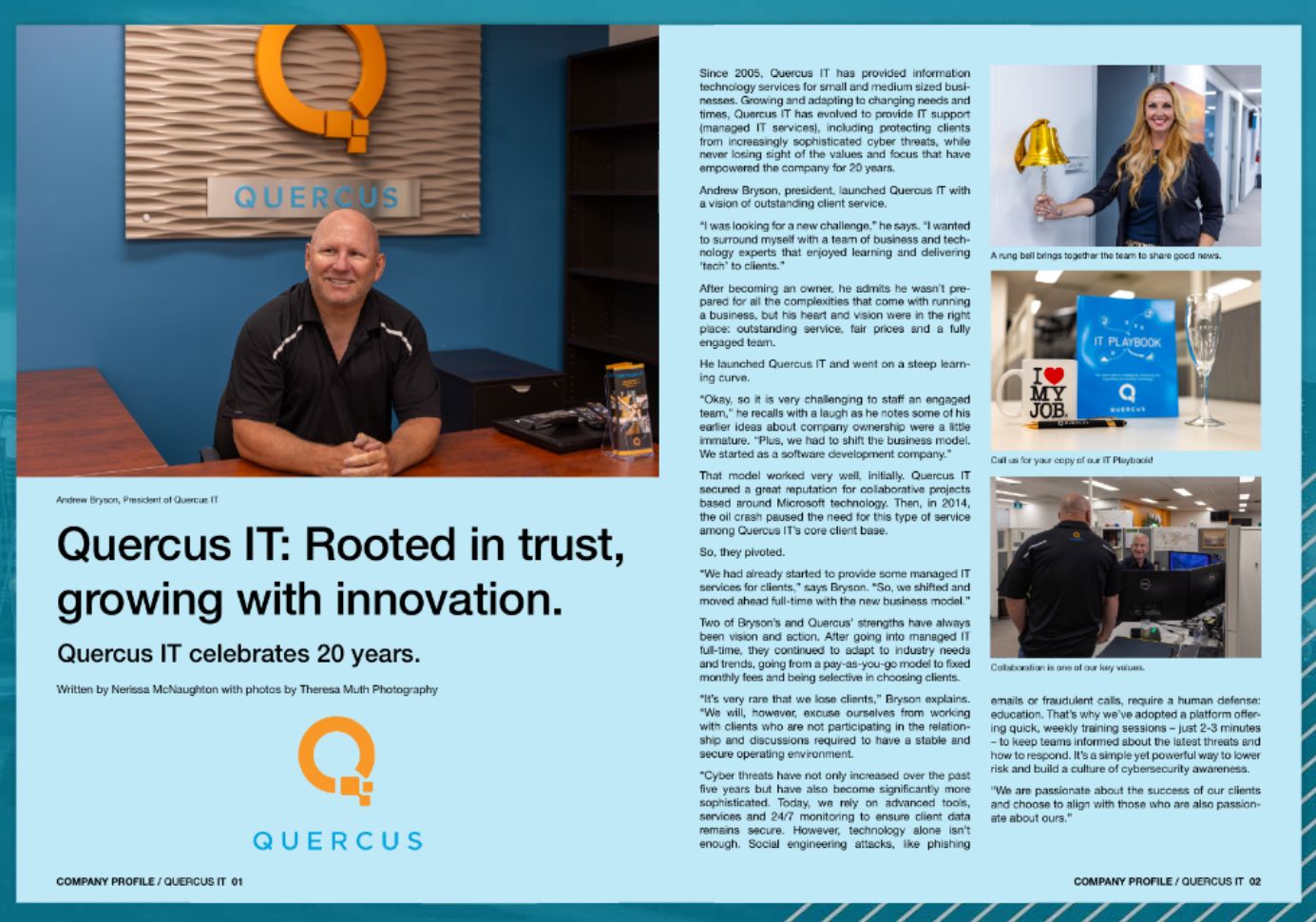 Quercus IT celebrates 20 years of trusted innovation with staff posing in their branded office environment.