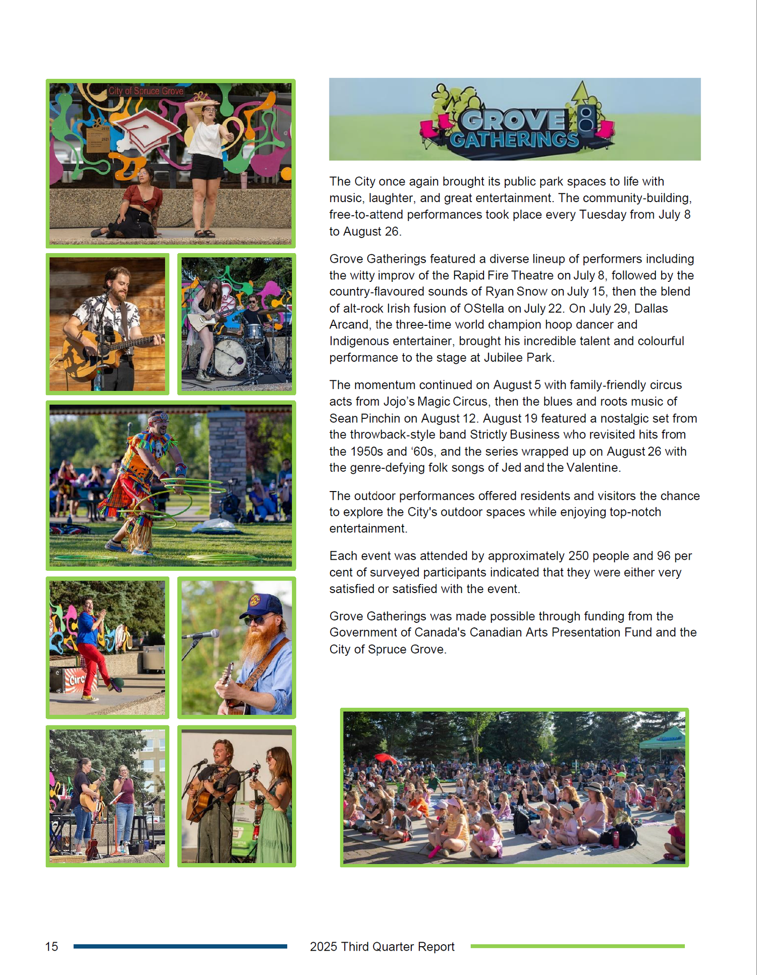 Colorful Grove Gatherings outdoor community event features diverse performers entertaining crowds in a vibrant public space.