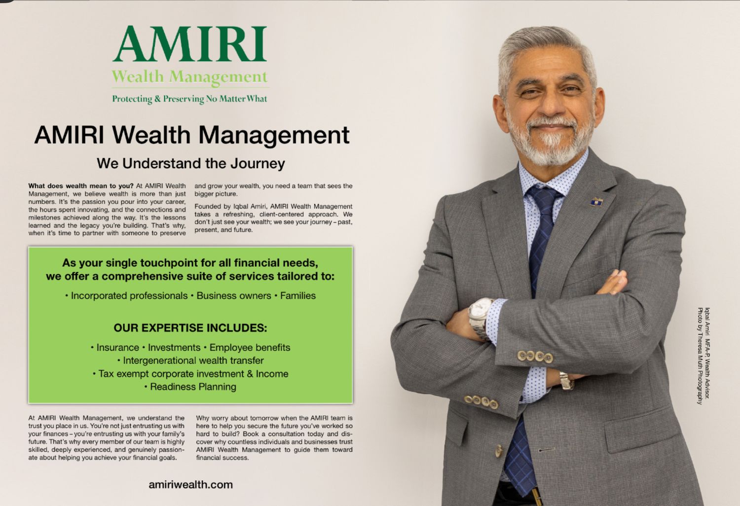 AMIRI Wealth Management advisor in a professional suit, offering financial services for families and businesses.